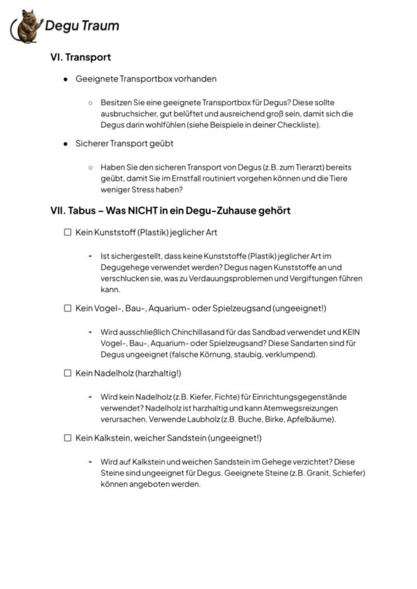 Degu Checkliste